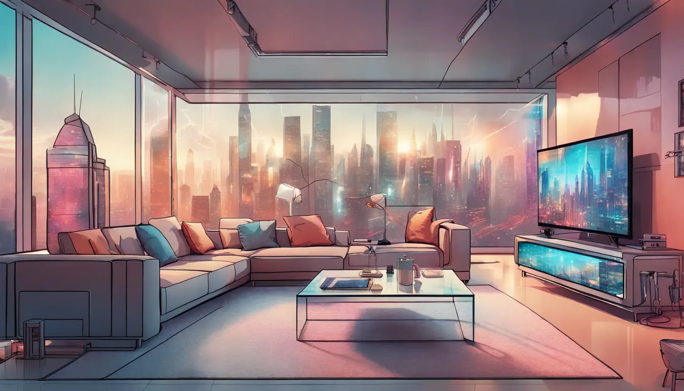 Imagem de uma sala moderna com IPTV exibindo paisagem urbana futurista e dispositivos tecnológicos diversos ao redor.